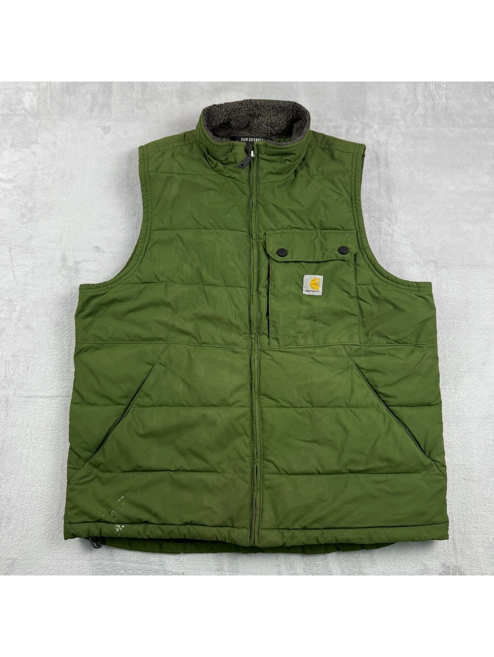 Carhartt Rain Defender Green Sherpa Lined Insulated Work Vest Men M Loose Rugged